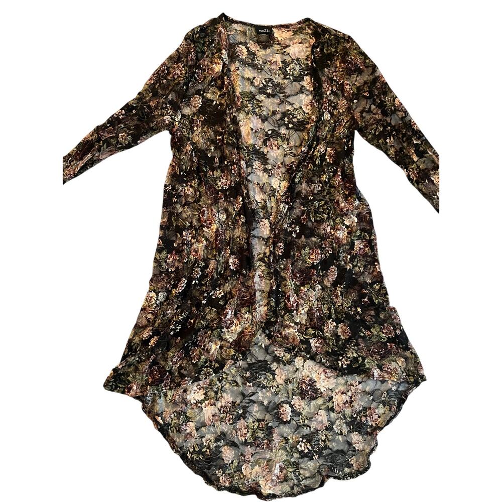 rue21 Dark Floral Lace Sheer Kimono Duster Cardigan Lg whimsygoth boho witchy